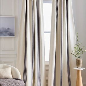 Quince Stripped Linen Cotton Ivory and Light Blue Room Curtain Panel
